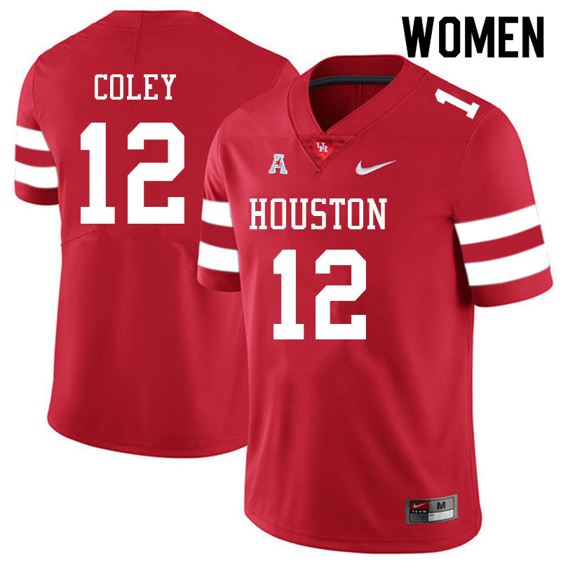 Women #12 Lucas Coley Houston Cougars College Football Jerseys Sale-Red - Click Image to Close